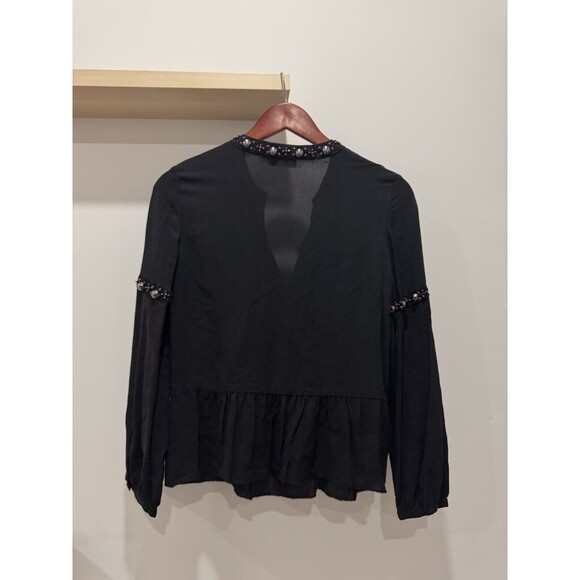 Tory Burch Mezair Embellished 100% Silk Blouse Old Money Black Size 2 Ruffles - Picture 2 of 6